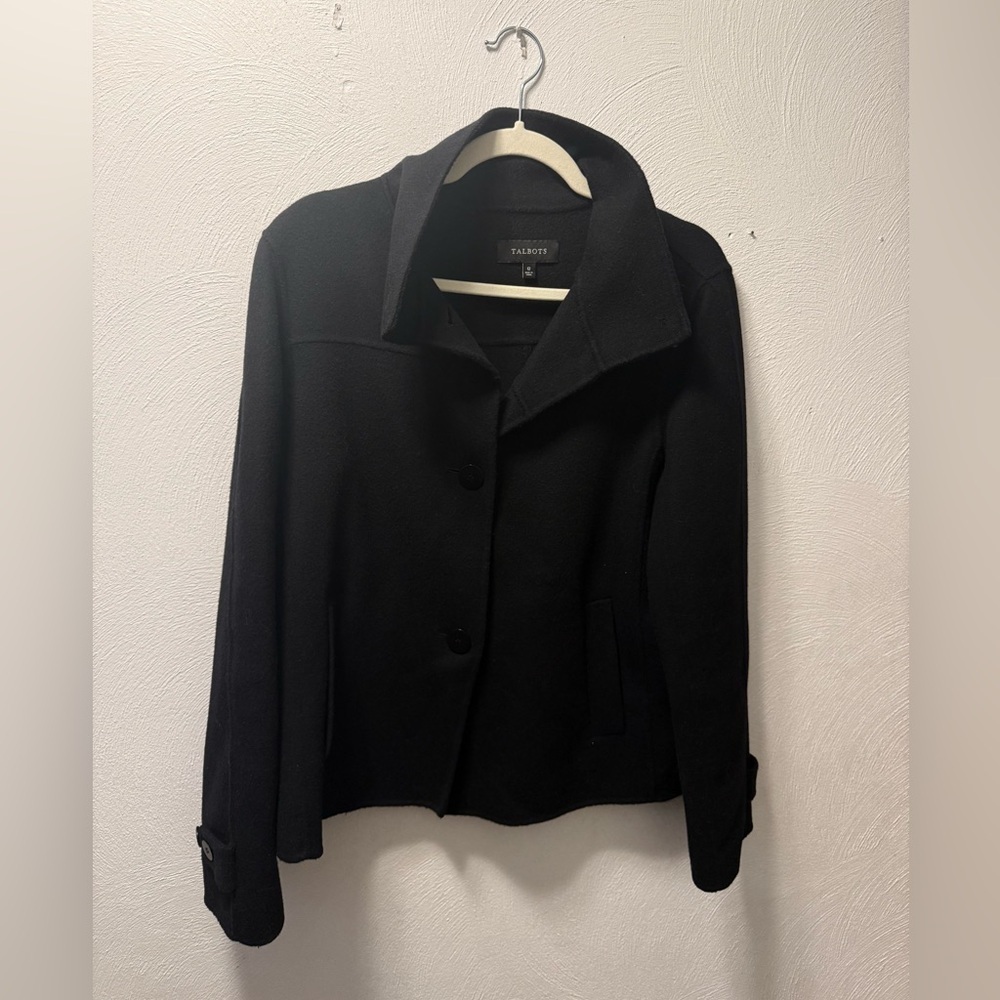 Talbots Wool Blend Cropped Jacket Minimalist High Collar Coat Black 12 Quality - Picture 5 of 7